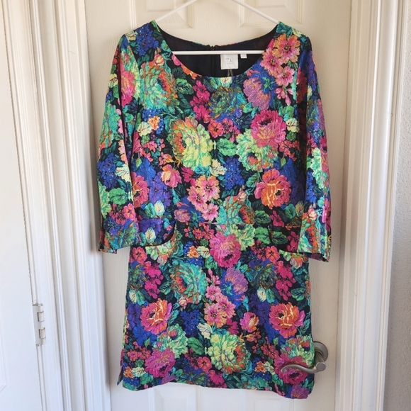Anthropologie HD in Paris Tropicalist Floral Shift Dress Bright Neon Size Medium - Picture 1 of 13